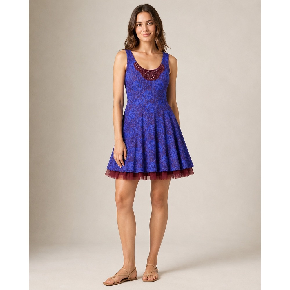 Free People Purple Princess Skater Dress Womens M Floral Beaded Tulle Whimsigoth